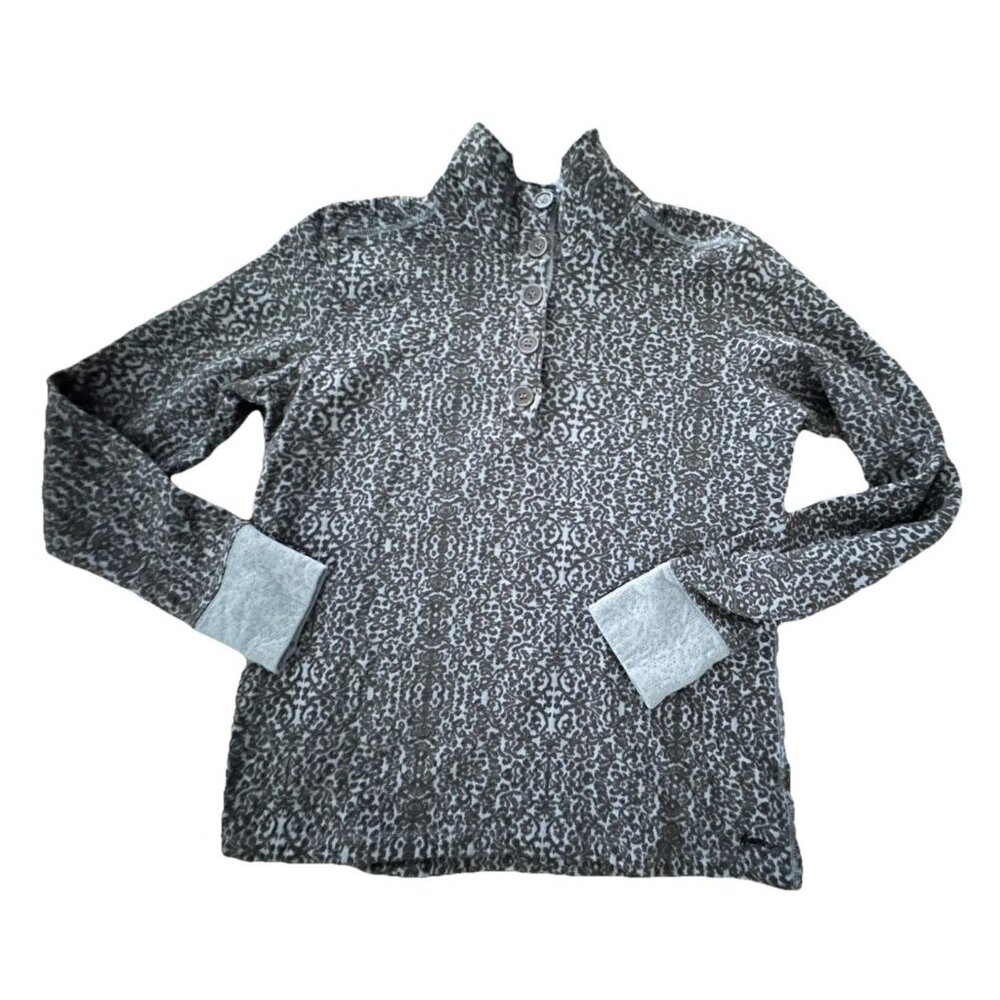 Kavu Sweater Womens Sz Xl Gray Pattern Scroll Pullover Thumb Holes gorpcore Ski - Picture 2 of 6